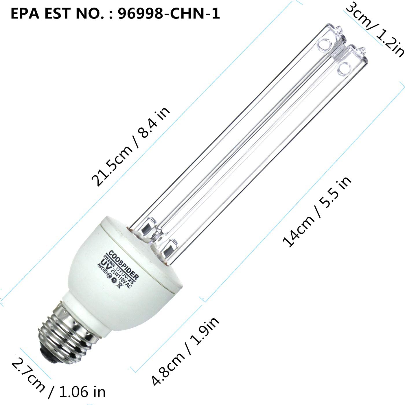 UV 25W E26 110V Germicidal Light UVC Bulb Timer  Base, Used for Remove Musty, Covers up to 400sq.ft (Ozone-free CTUV-25）