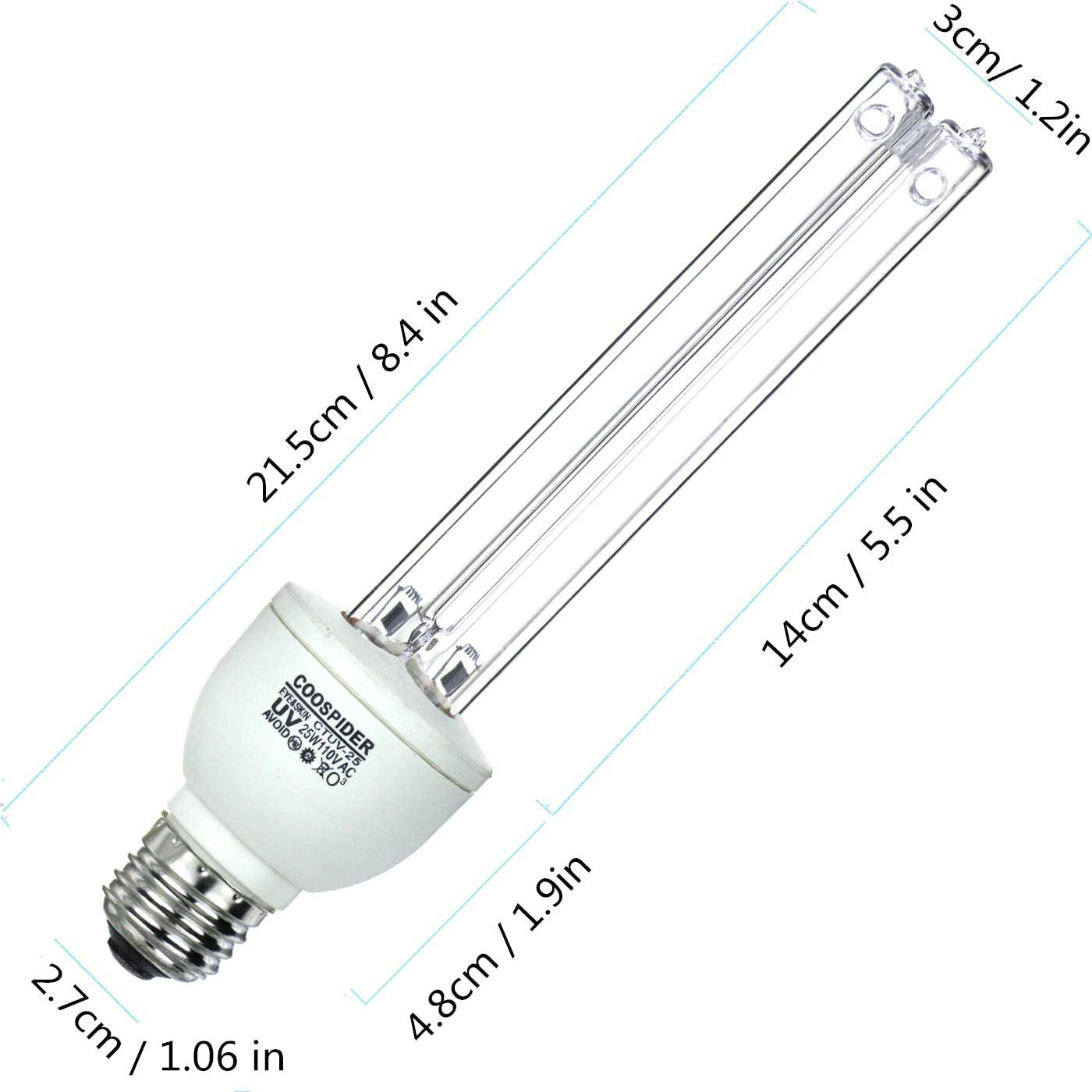 2-PACK Quartz UVC with Ozone 110V 25W E26 UV Portable Germicidal CFL Lamp Bulb for Kill Dust Mites, Covers up to 400sq.ft (CTUV-25)