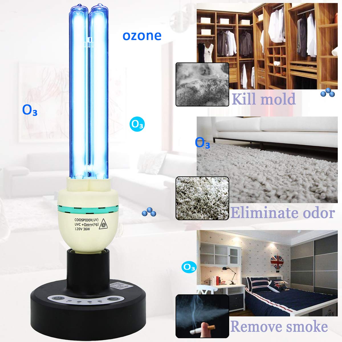 COOSPIDER UV with Ozone Germicidal Light Remote Control Timer 15/30/60 minutes 120V 36W Table Lamp for Remove Musty (CTUV-36) Coospider