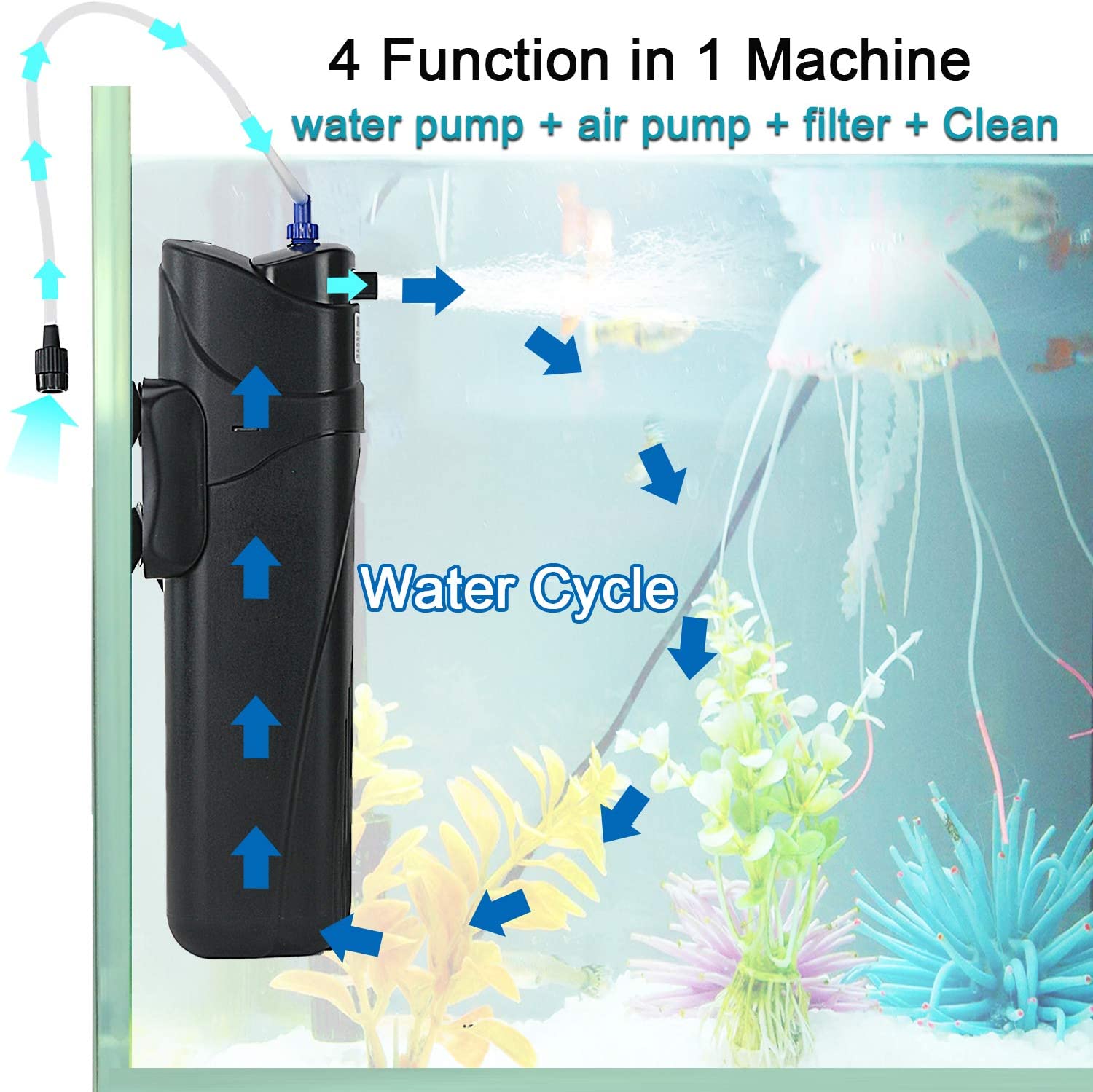 Coospider Sun JUP-01 Aquariums in Tank UV Submersible Filter Machine 211gph 9W fit for 80Gallon (JUP 01 Set + 2X Replace Sponge  + 1x Spare UV Bulb) Coospider