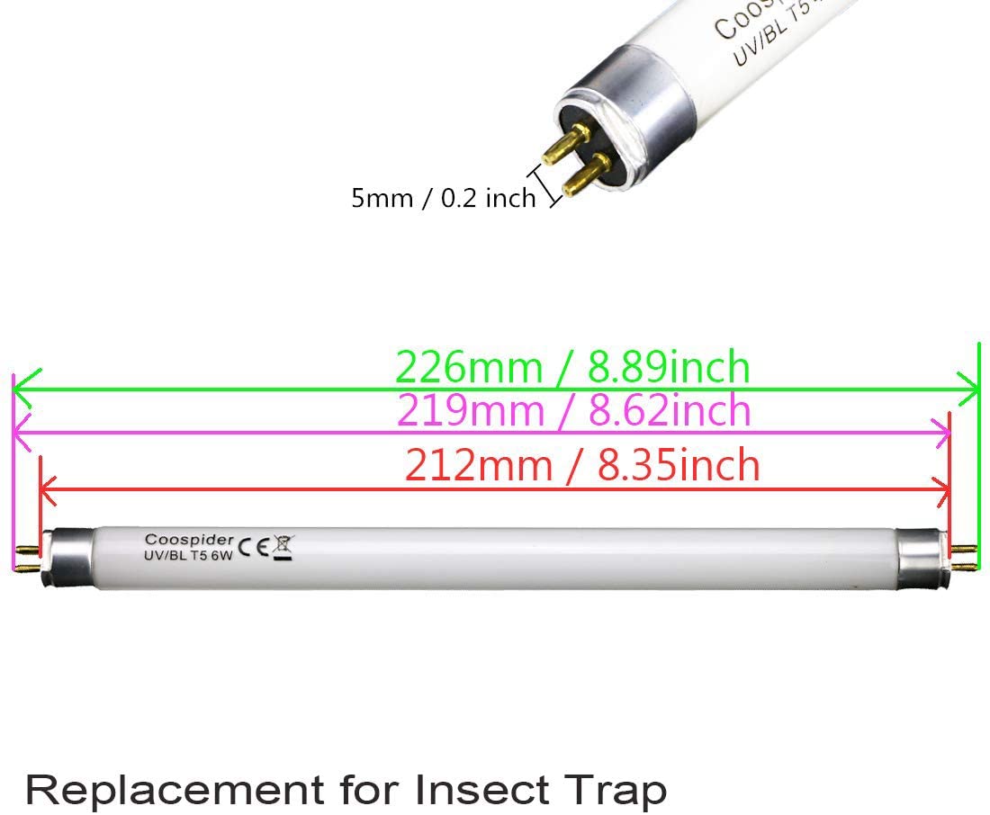 6 Watt Replacement Bulbs F6T5/BL Fluorescent Black Light G5 Base 9 inch Full Length (2 Pack)